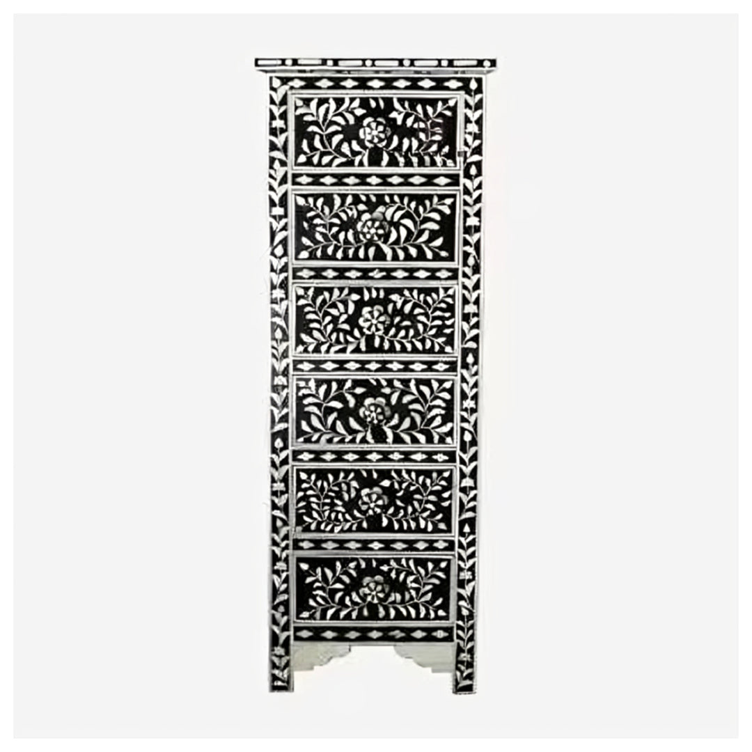Mother Of pearl Tall Boy Chest Of 6 Drawer in Floral Pattern