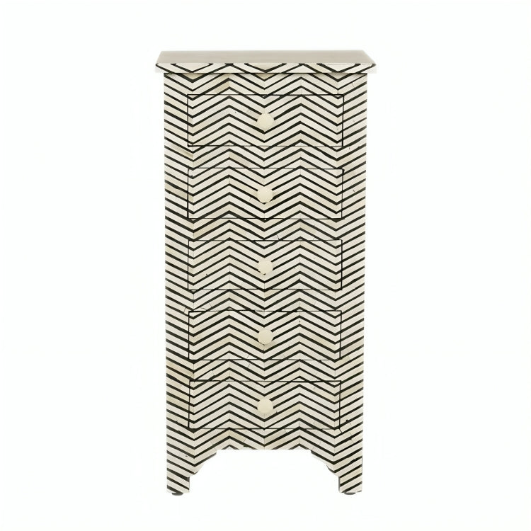 Bone Inlay Tall Boy Chest Of 5 Drawer in Zig-Zag Pattern