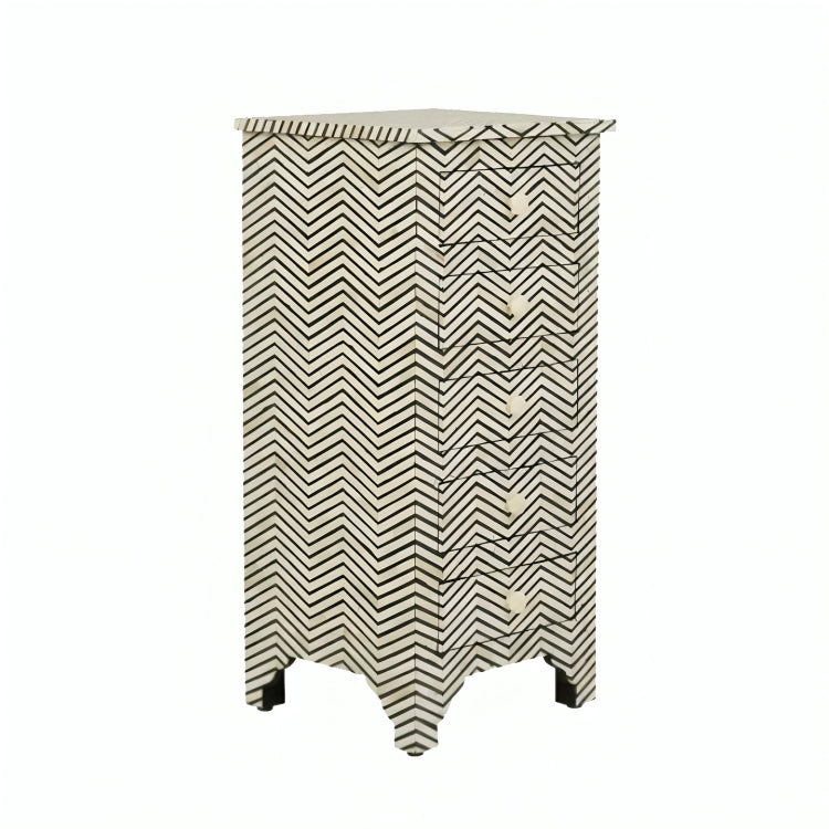 Bone Inlay Tall Boy Chest Of 5 Drawer in Zig-Zag Pattern