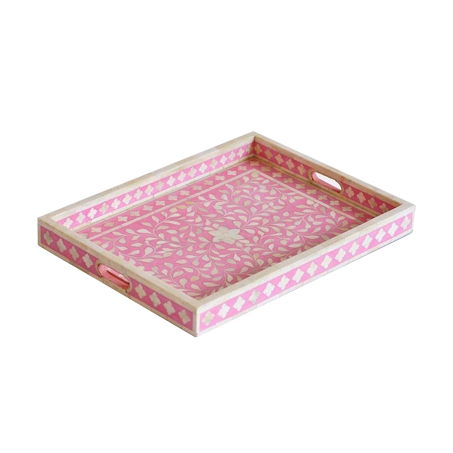 Handmade Pink Floral Wooden Art Bone Inlay Decorative Serving Tray