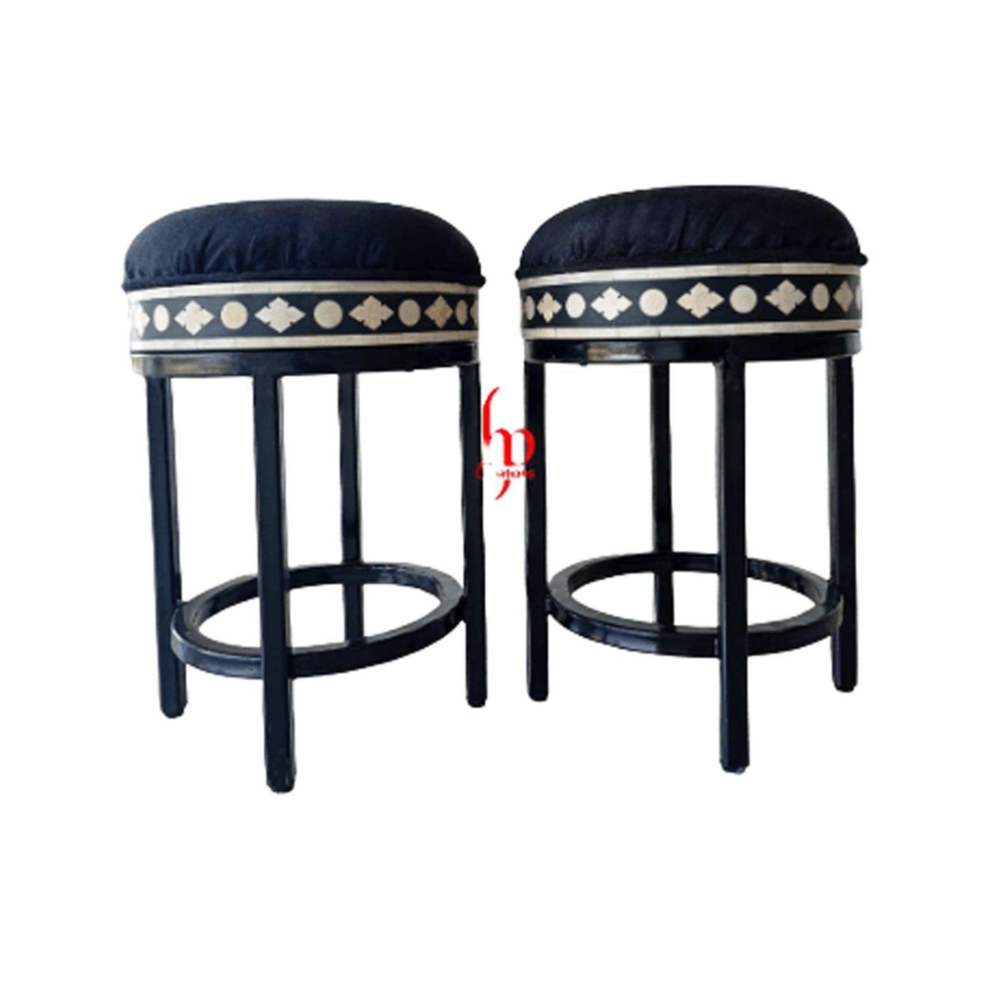 Handmade Bone Inlay Personalized Black Round Stool Home Décor Furniture Classic Vintage Look
