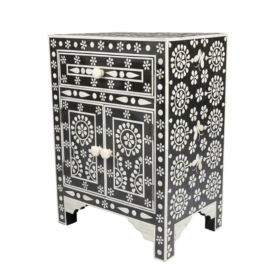 Bone Inlay Bedside Table in Black Color New Pattern.