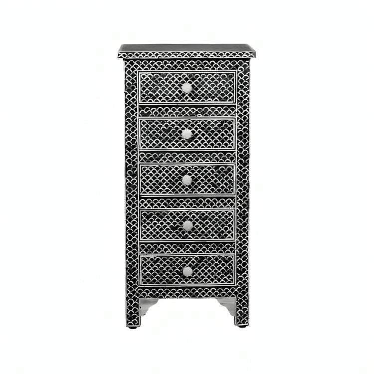 Bone Inlay Tall Boy Chest Of 5 Drawer in Fish Scale Pattern