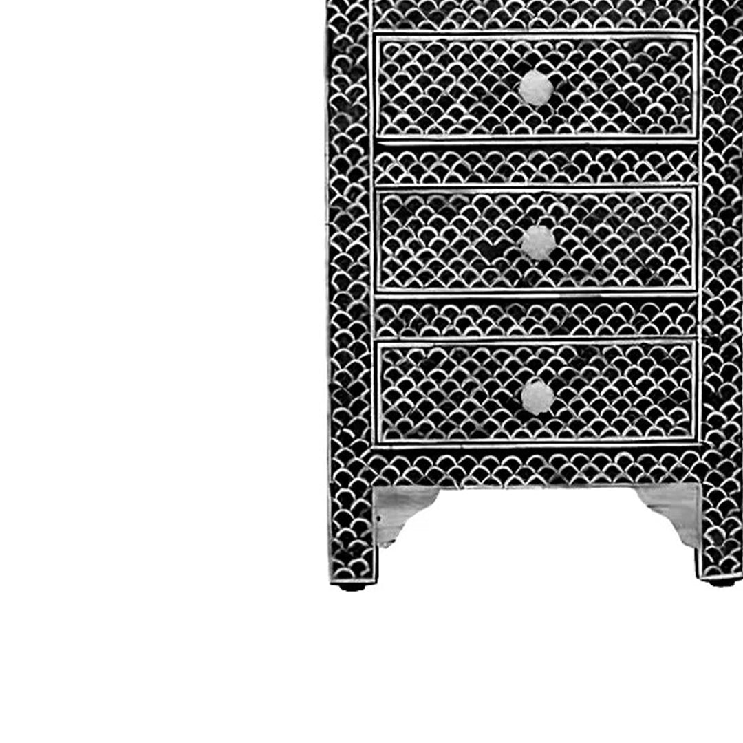 Bone Inlay Tall Boy Chest Of 5 Drawer in Fish Scale Pattern