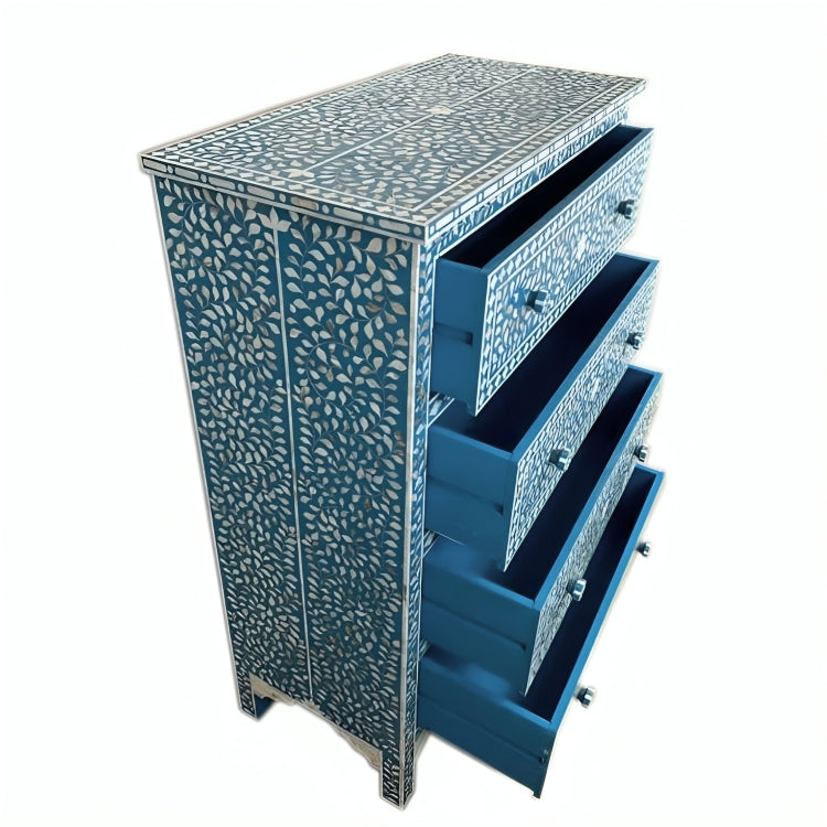 Mother of pearl inlay floral design 4 four drawer tall boy blue dresser