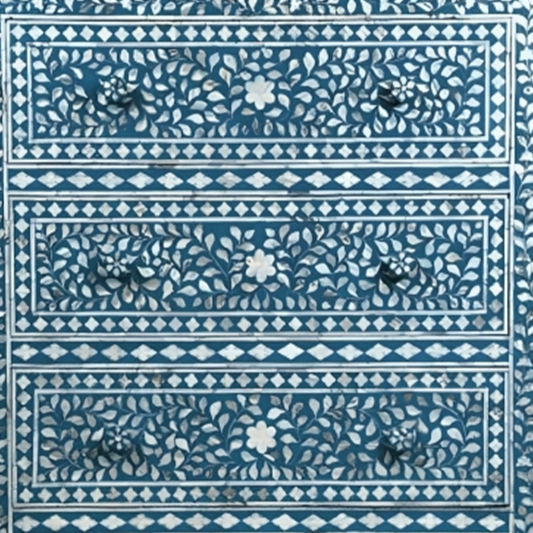 Mother of pearl inlay floral design 4 four drawer tall boy blue dresser