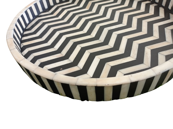Handmade Customized Bone Inlay Round zig Zeg Pettren Tray Best For Home And Office
