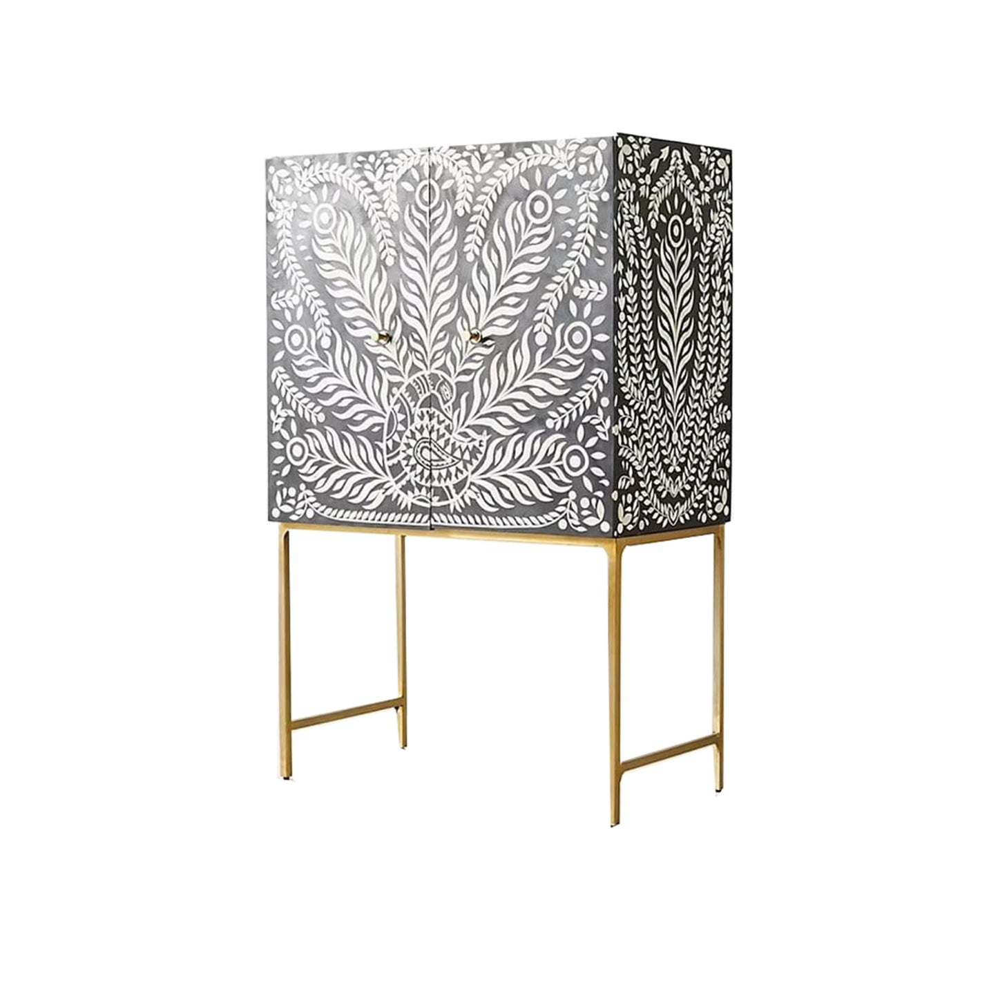 Customized Handmade Bone Inlay Peacock Pattern Bar Cabinet