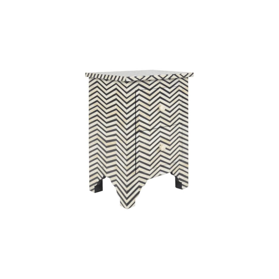 Personalized Bone Inlay Zigzag Small Attractive Look Bedside Table with Two Drawer