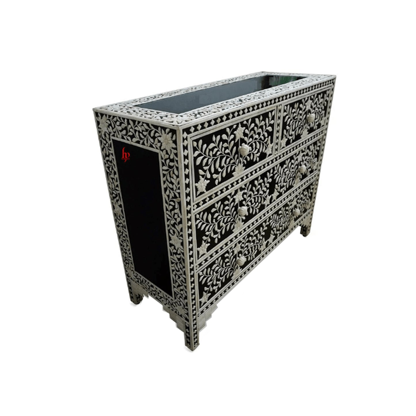 Hand-applied Black Floral Embossed Bone Inlay Chest Of 4 Drawers