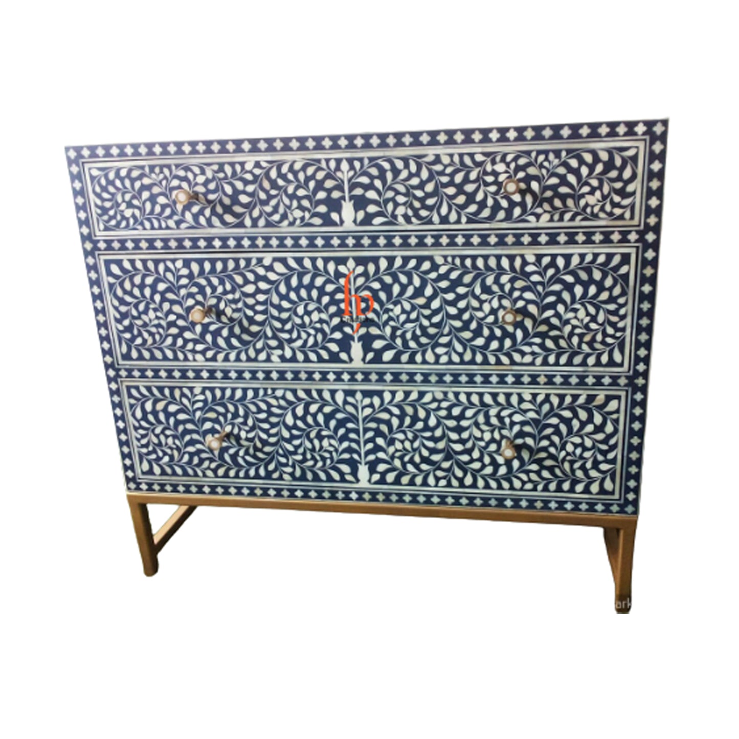 Handmade Scroll Vine Inlay Chest of 3 Drawers, Vintage Sideboard