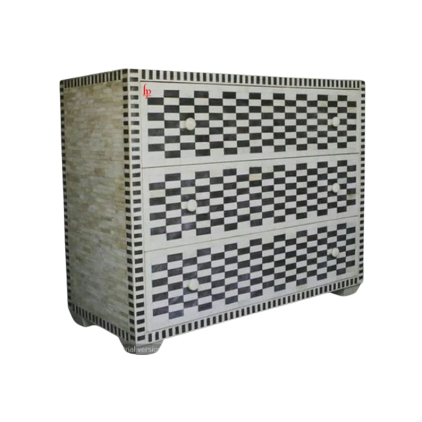 Bone Inlay Chest Of 3 Drawers Geometric Design Inlay Handmade Dresser with Ample of Storage Furniture