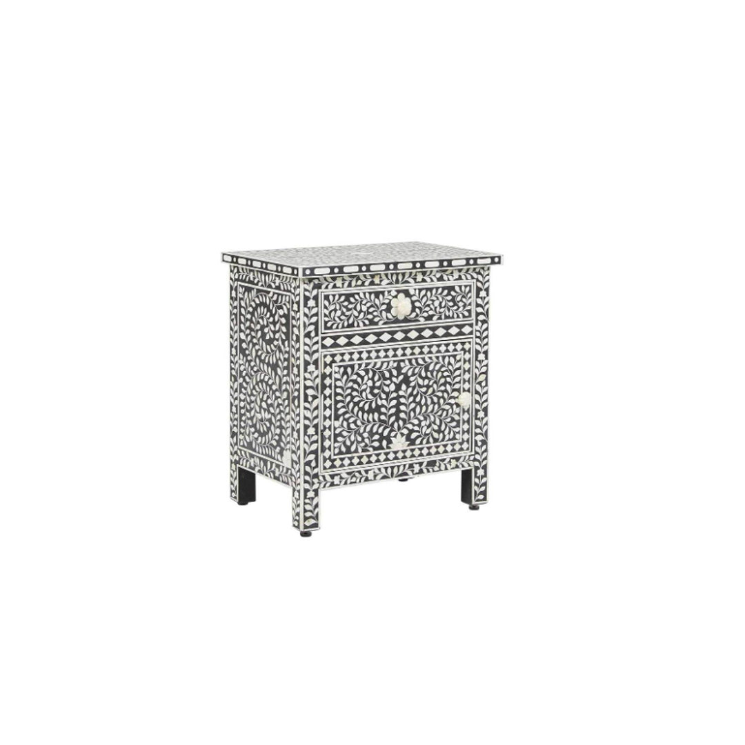 Personalized Black in White Floral Bone-Inlay-Bedside-Nightstand