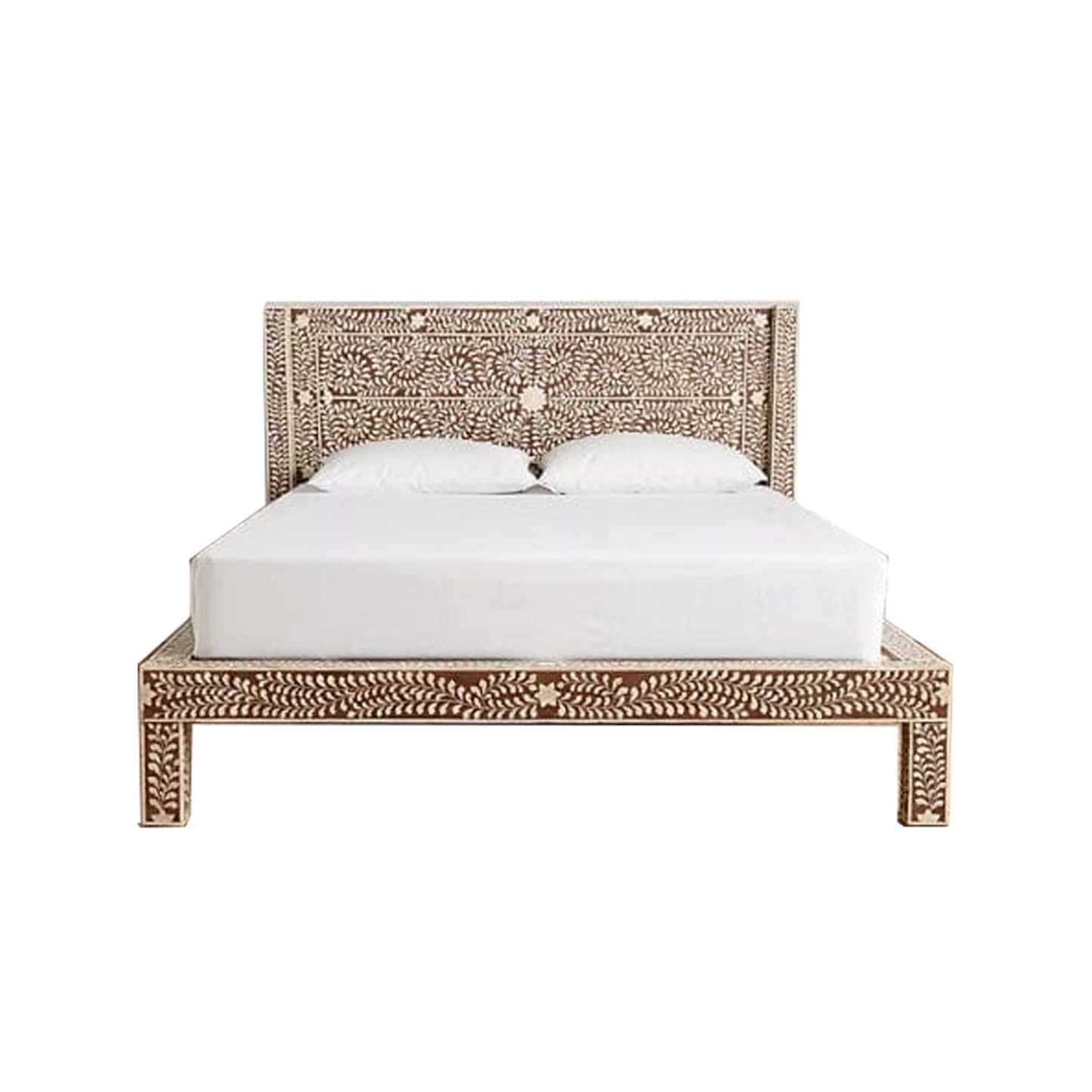 Handmade Bone Inlay King and Queen Size Bed Frame with Headboard for Bedroom Decor