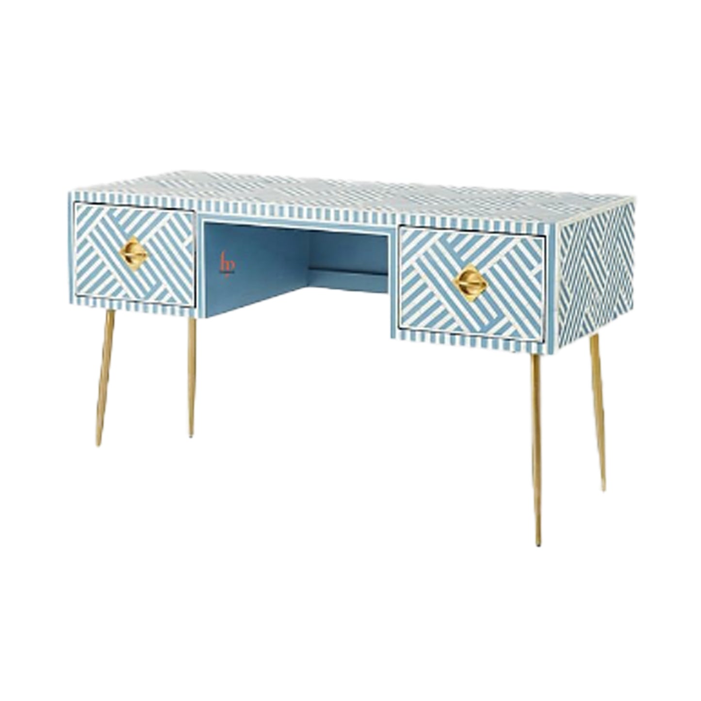 Handmade Stripe Design Optical Console Bone Inlay Antique 2 Drawers Study Desk Furniture Available in Black or Blue Colours