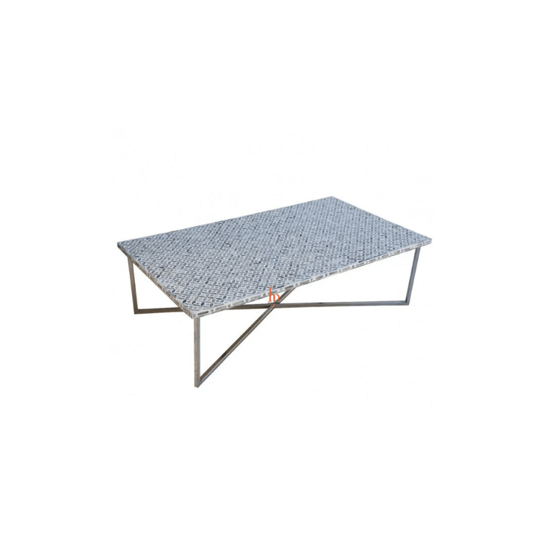 Bone Inlay Coffee Table in White Natural Design with Metal Based and Free Door Step Shipping