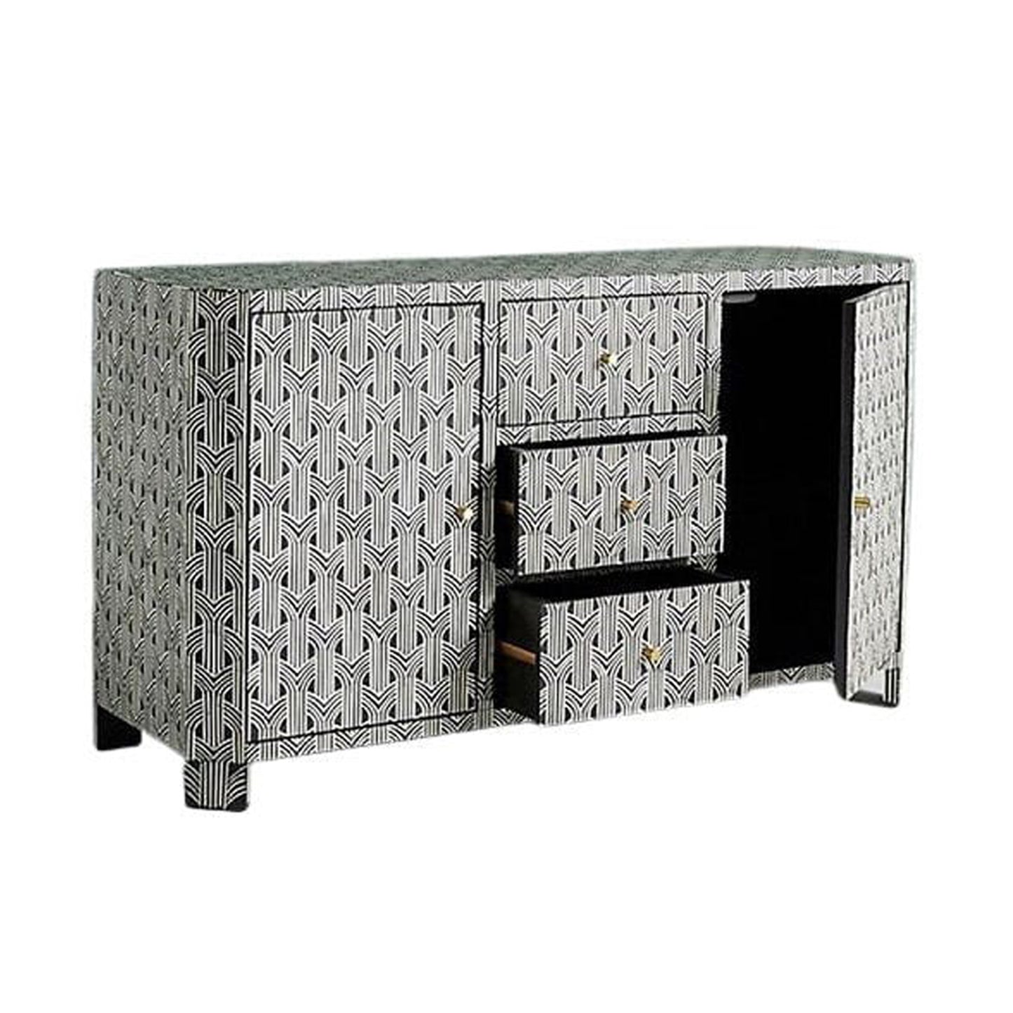 Handmade Customized Bone Inlay Geometric Pattern Chest of 3 Drawer