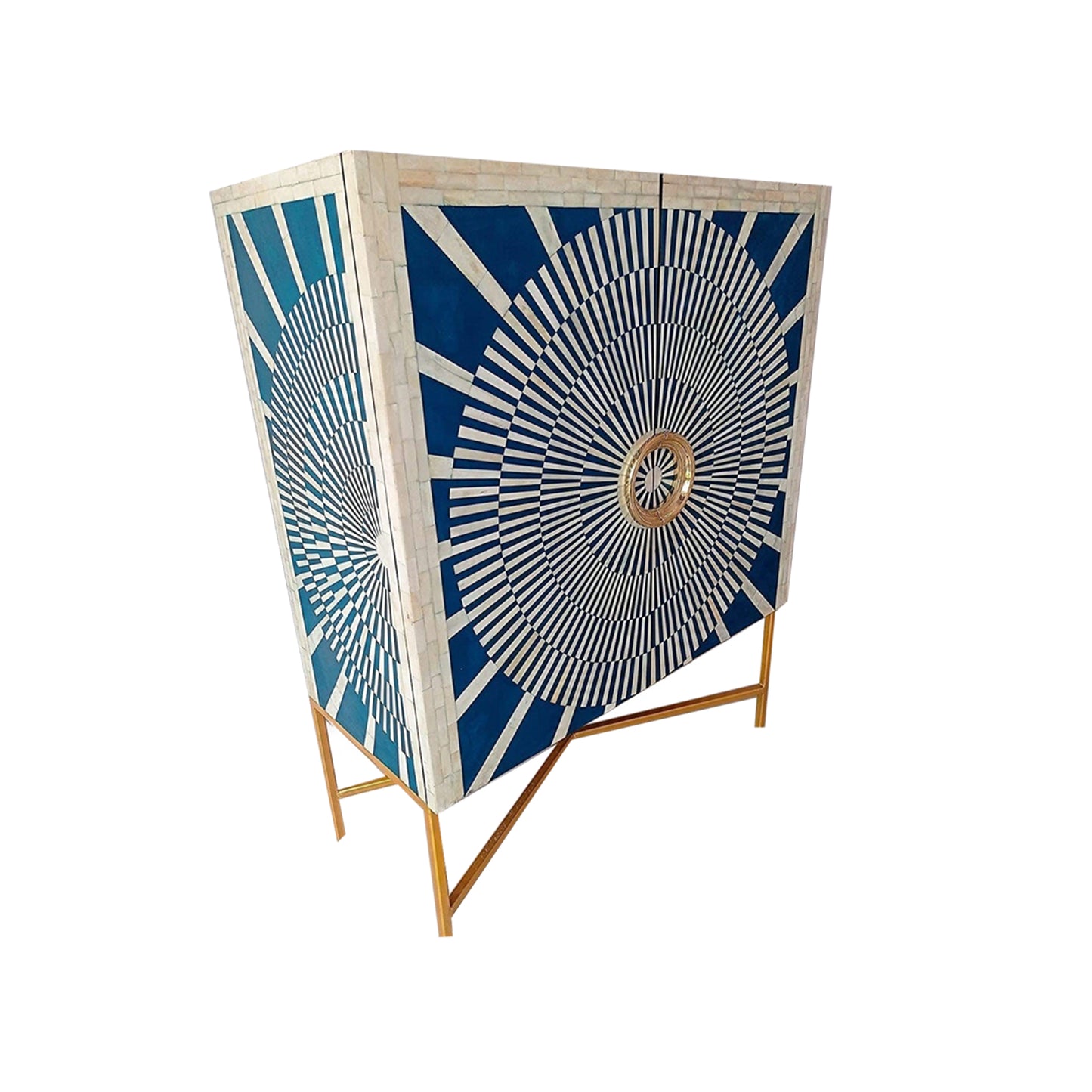 Personalized Handmade Bone Inlay Sun Burst Pattern Bar Cabinet