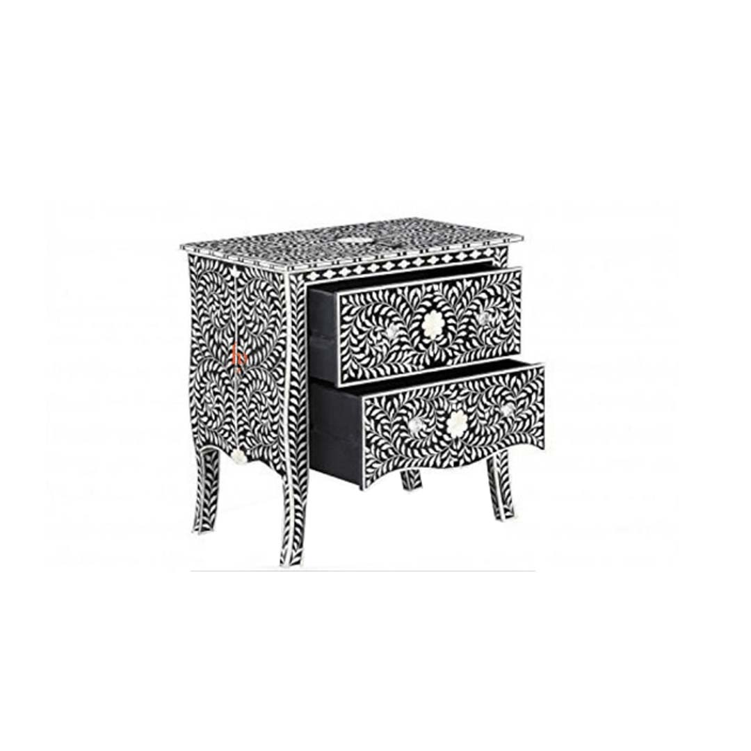 Handmade Bone Inlay Beautiful Bedside Table with 2-Drawers Beautifully Crafted Indian Art Gorgeous Looking Floral Design