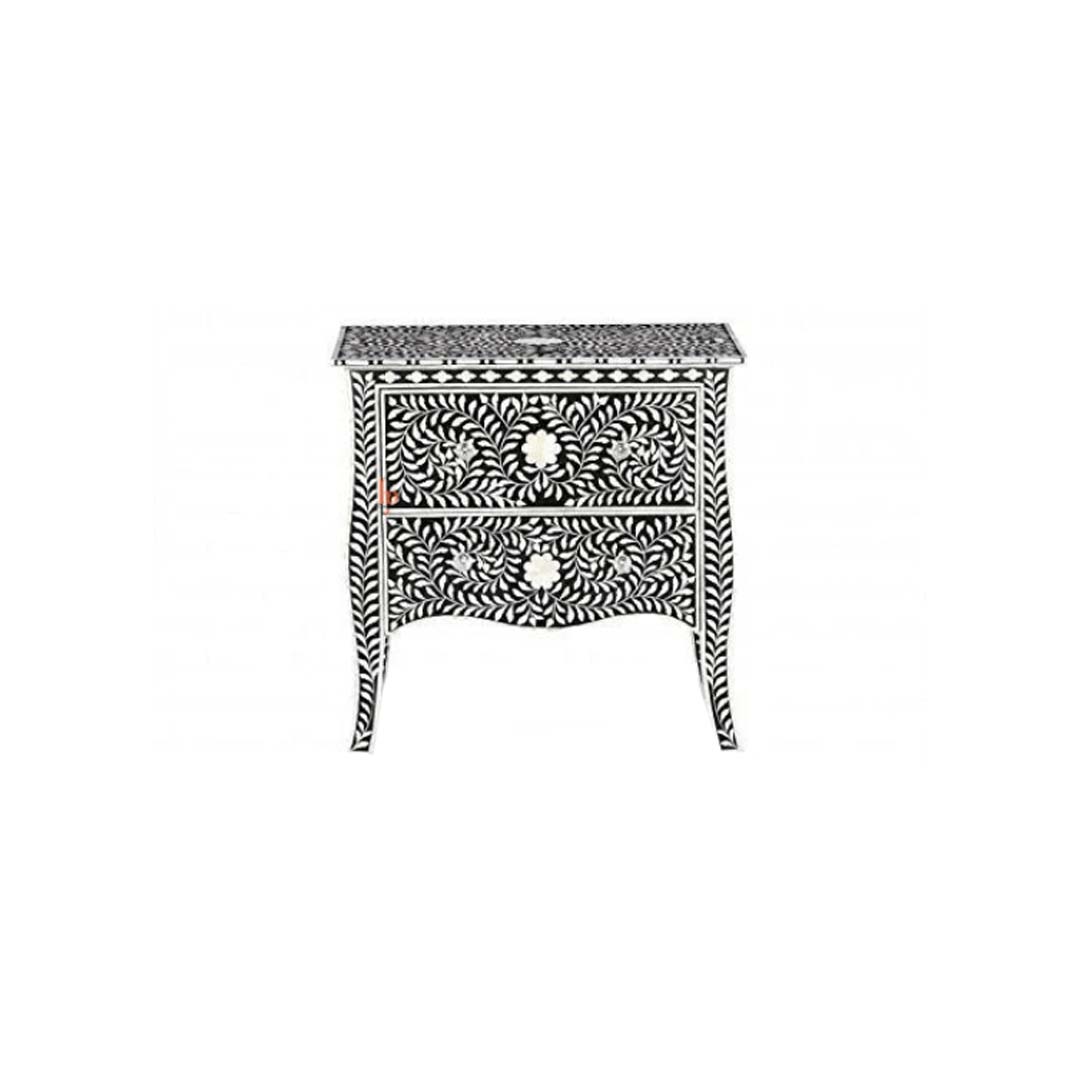 Handmade Bone Inlay Beautiful Bedside Table with 2-Drawers Beautifully Crafted Indian Art Gorgeous Looking Floral Design