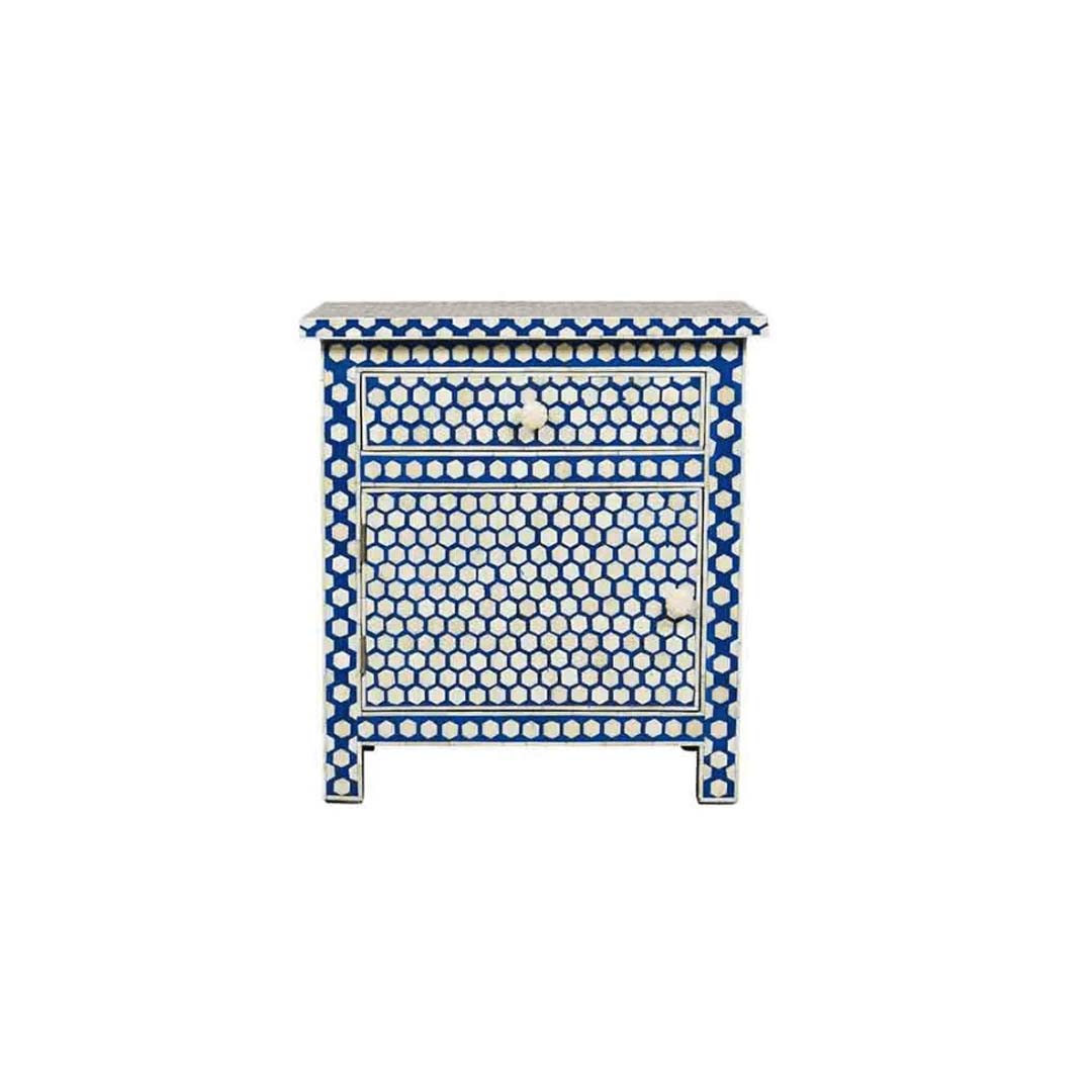 Personalized Handmade Bone Inlay Honeycomb Bedside Table with One Drawer and One Door