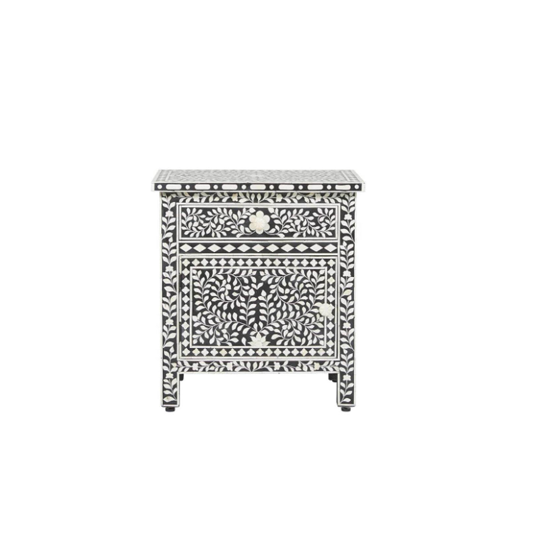 Personalized Black in White Floral Bone-Inlay-Bedside-Nightstand