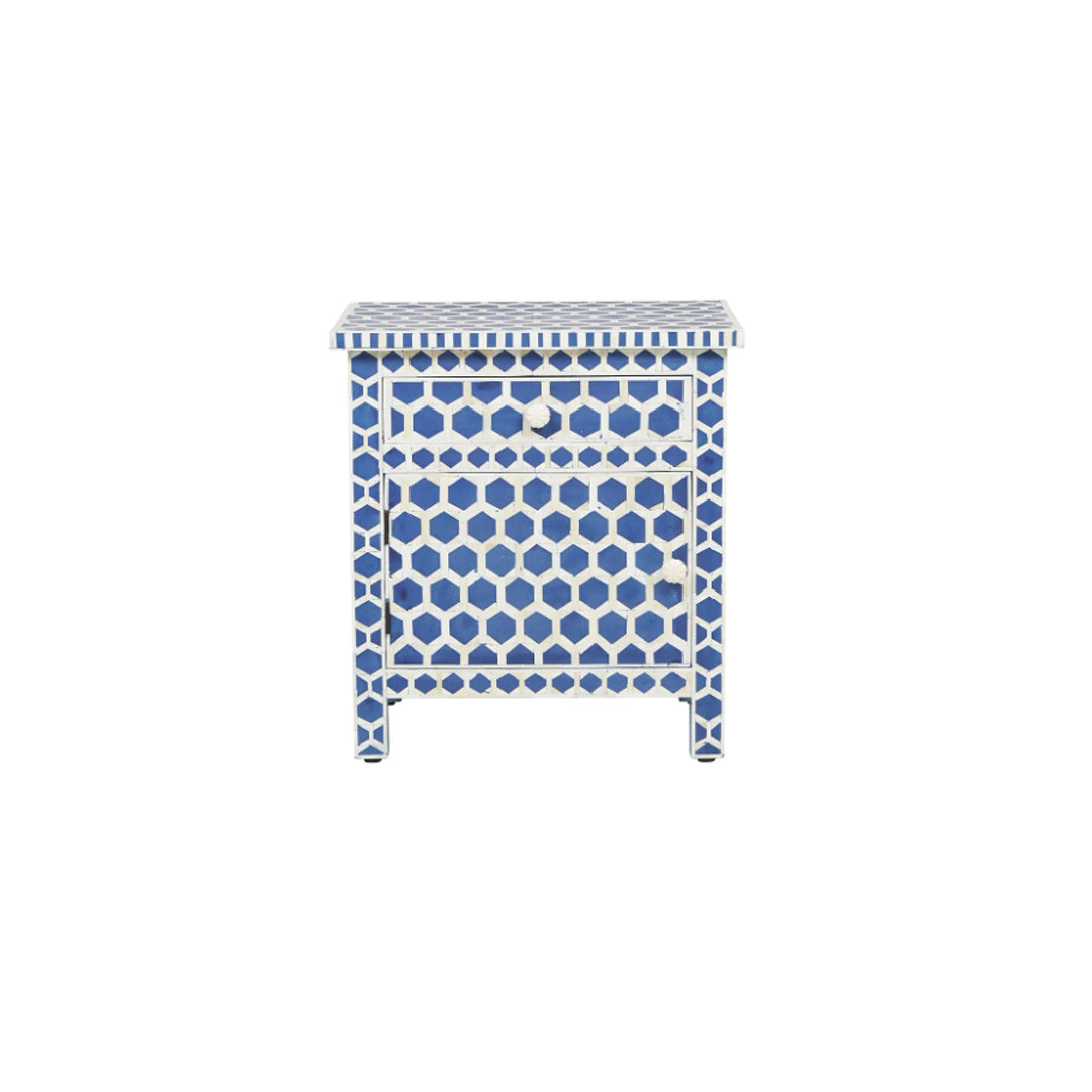 Handmade Bedside of Bone Inlay in Honeycomb Design, Table with One Drawer and One Door