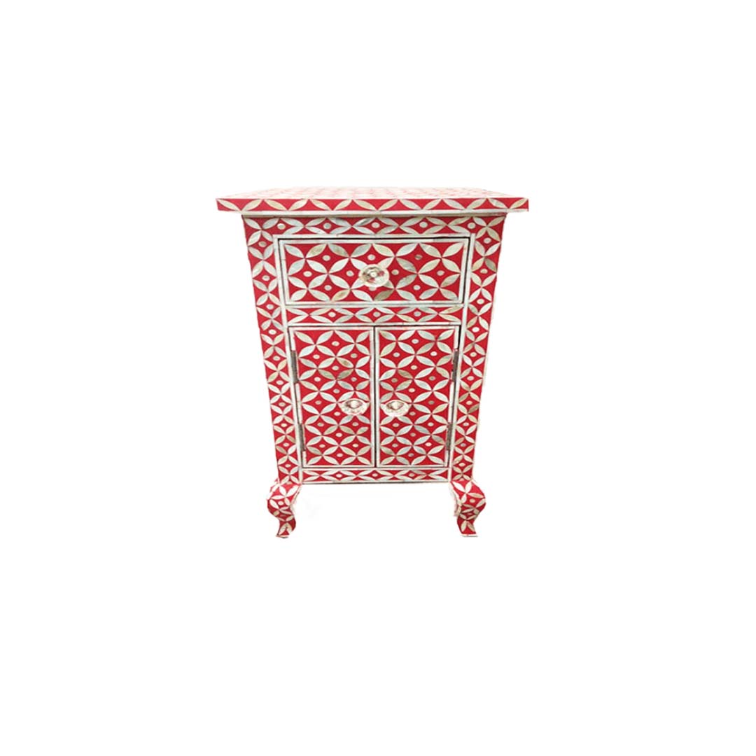 Personalized Handmade Bone Inlay Long Bedside with One Drawer and Two Door