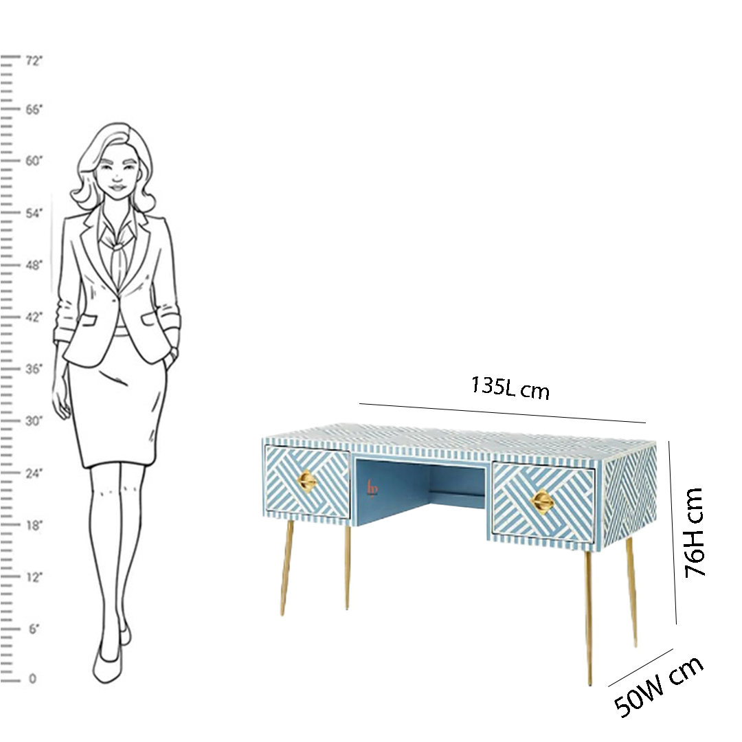 Handmade Stripe Design Optical Console Bone Inlay Antique 2 Drawers Study Desk Furniture Available in Black or Blue Colours