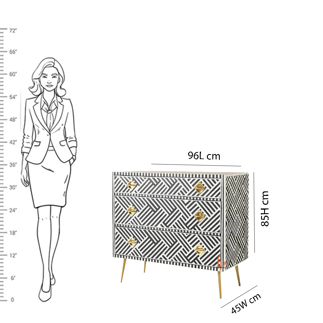Handmade Bone Inlay Chest Of 3 Drawers Attractive Geometric Designed Dresser Table Handmade Inlay Home Furniture.