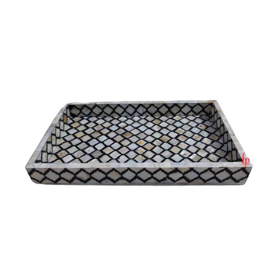 Handmade Mother of Pearl Inlay Reactangle Tray Geometric Design Serving Tray