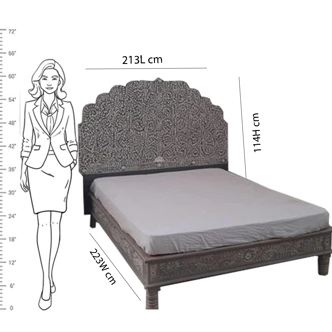 Handmade Bone Inlay King and Queen Size Bed Frame with Headboard for Bedroom Decor