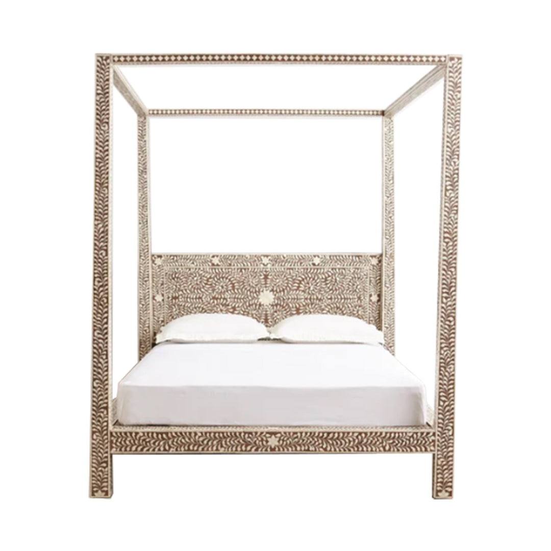 Handmade Bone Inlay King Size Bed Frame with Headboard and pillars for Bedroom Decor