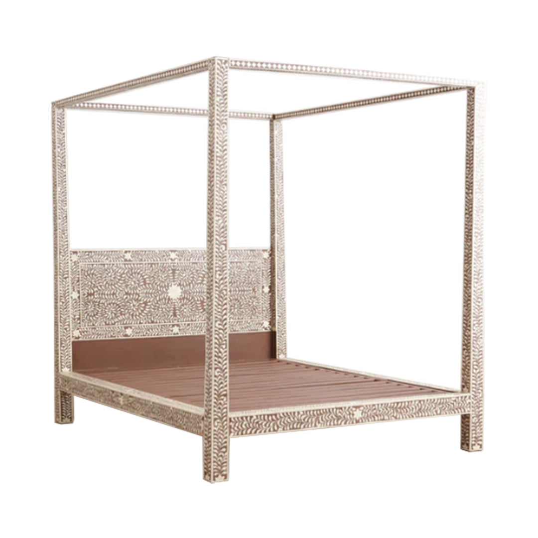 Handmade Bone Inlay King Size Bed Frame with Headboard and pillars for Bedroom Decor