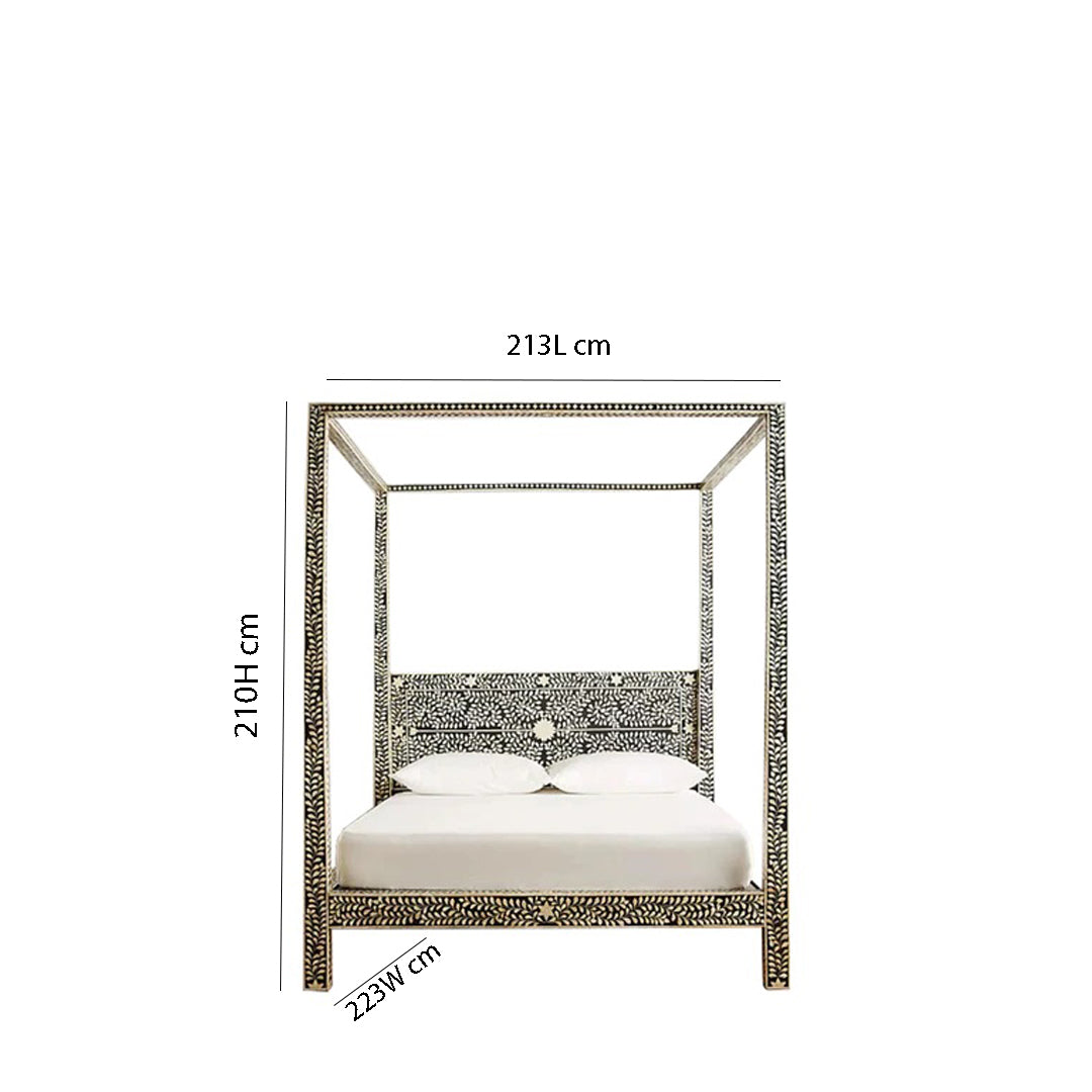 Handmade Bone Inlay King Size Bed Frame with Headboard and pillars for Bedroom Decor