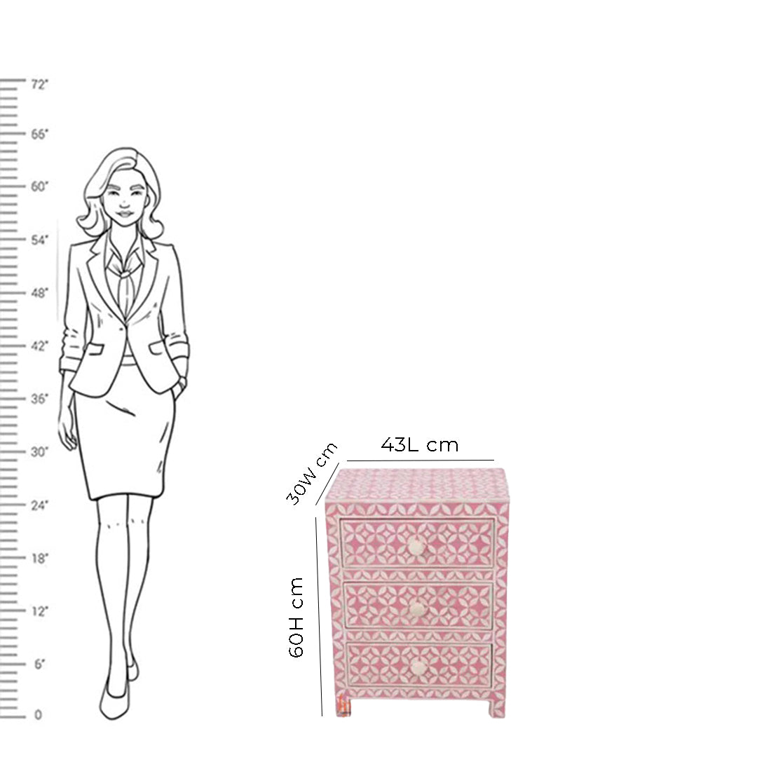 Bone Inlay Bedside 3 Drawers Table in Pink Color Personalized and Customized