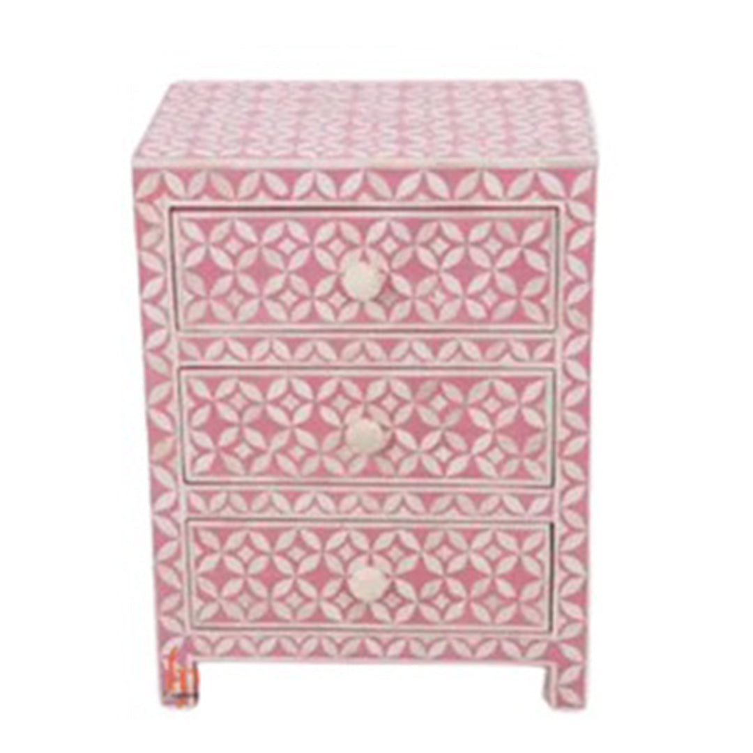 Bone Inlay Bedside 3 Drawers Table in Pink Color Personalized and Customized