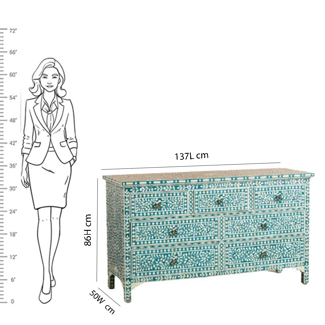 Personalized Bone Inlay Chest Of 7 Drawer Home Decor Furniture In Blue Color with White Petals Commode Dresser