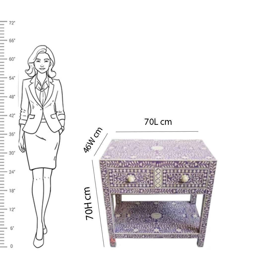 Personalized Bone Inlay Beautiful Bedside Table 2 Drawer Shelf Beautifully Crafted Floral Design