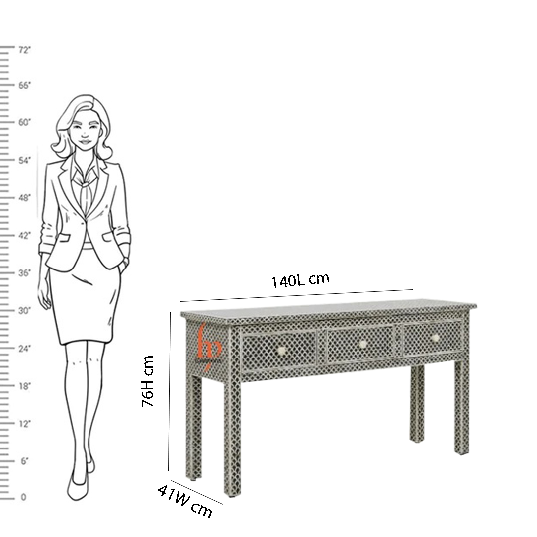 Handmade Bone Inlay Console With Three Drawer Fish Scale Pattern