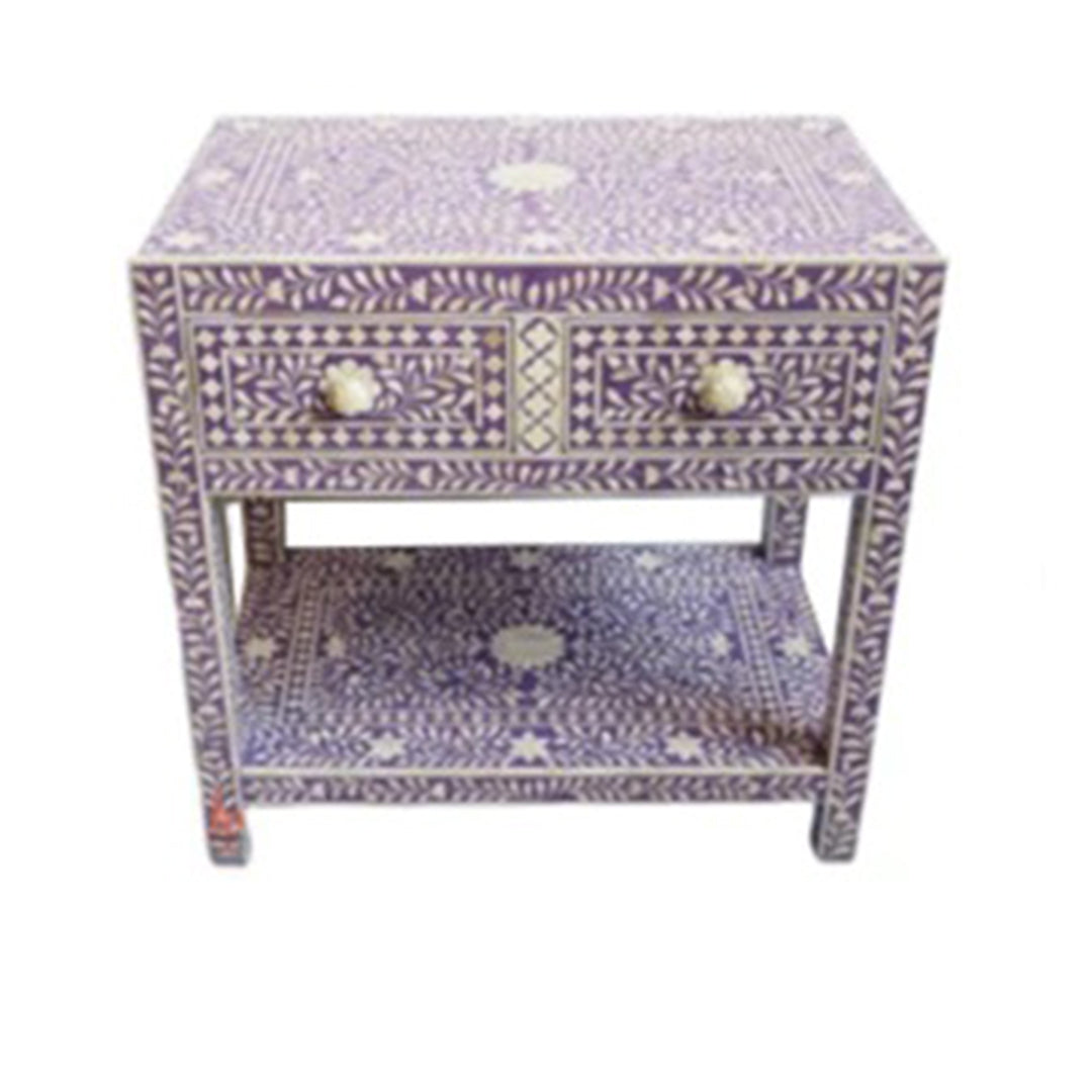 Personalized Bone Inlay Beautiful Bedside Table 2 Drawer Shelf Beautifully Crafted Floral Design