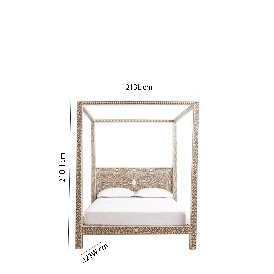 Handmade Bone Inlay King Size Bed Frame with Headboard and pillars for Bedroom Decor