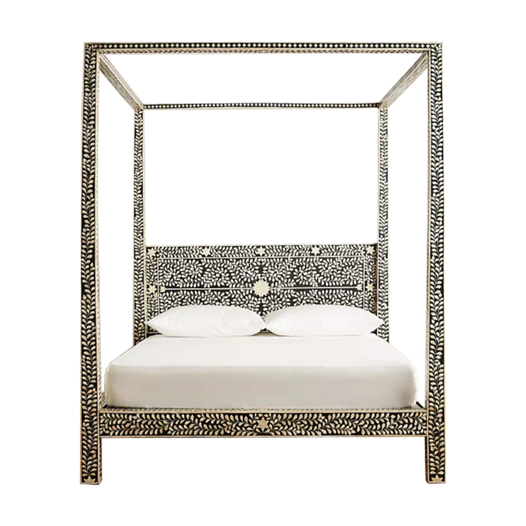 Handmade Bone Inlay King Size Bed Frame with Headboard and pillars for Bedroom Decor