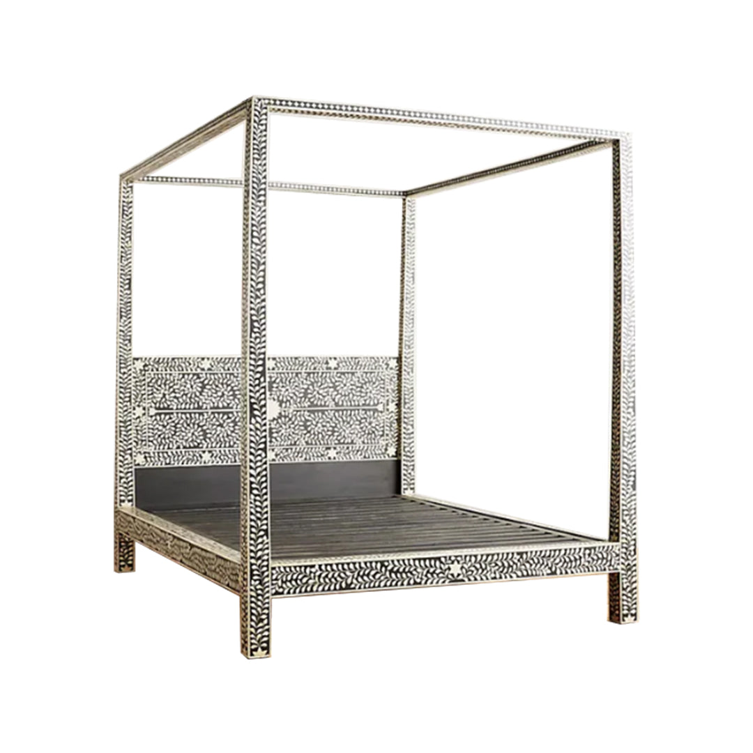 Handmade Bone Inlay King Size Bed Frame with Headboard and pillars for Bedroom Decor