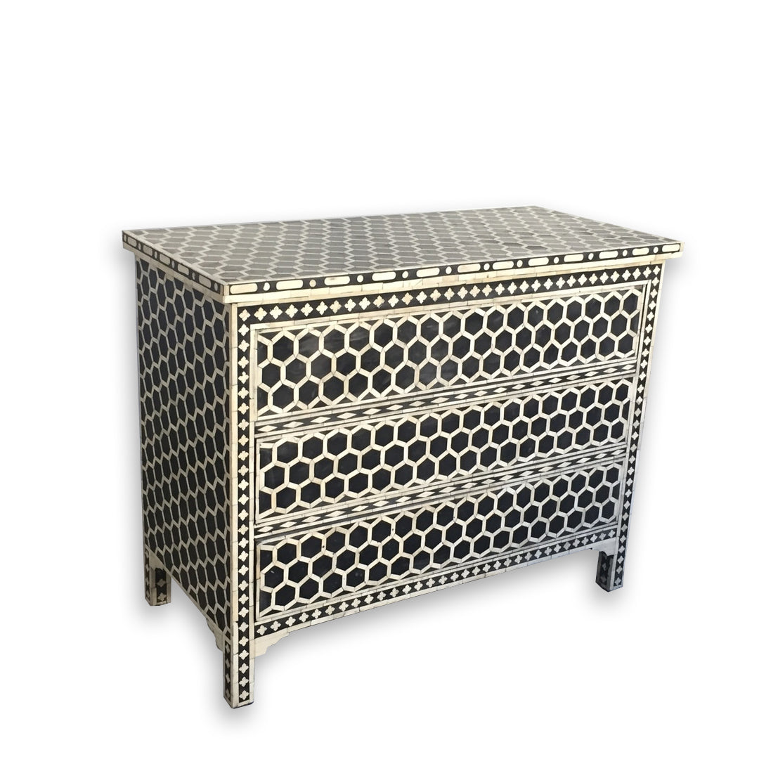 Personalized Handmade Bone Inlay Black Chest of 3 Drawer/ Honeycomb Pattern
