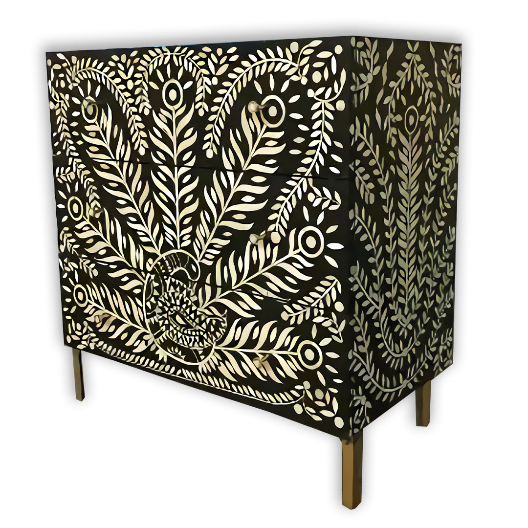Handmade Bone Inlay Peacock Design Chest of 3 Drawers, Antique Bedroom/Living Room Storage Table