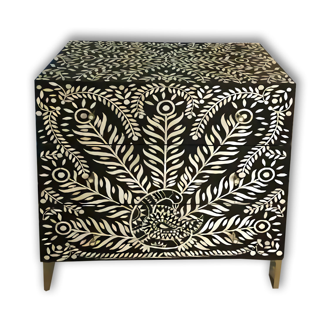 Handmade Bone Inlay Peacock Design Chest of 3 Drawers, Antique Bedroom/Living Room Storage Table