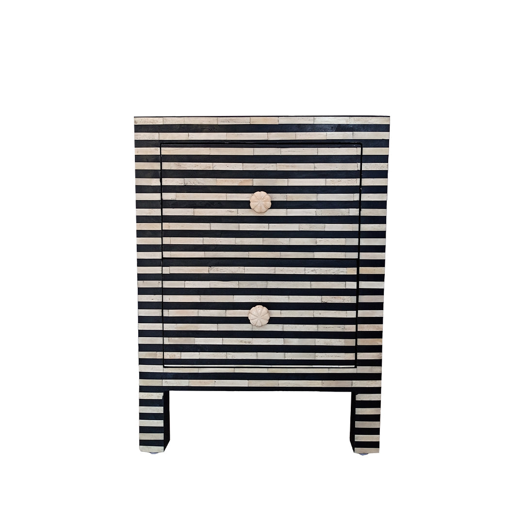 Bone Inlay Bedside in Black Strip Design Perfect Nightstand For Home Decor