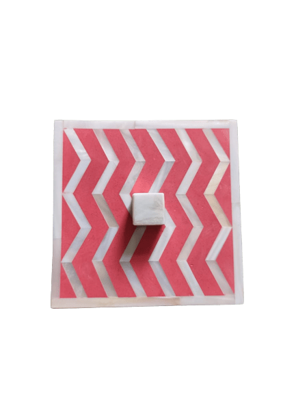 Handmade Mother of Pearl Inlay Pink Colored Chevron Pattern Set of 4 Coasters