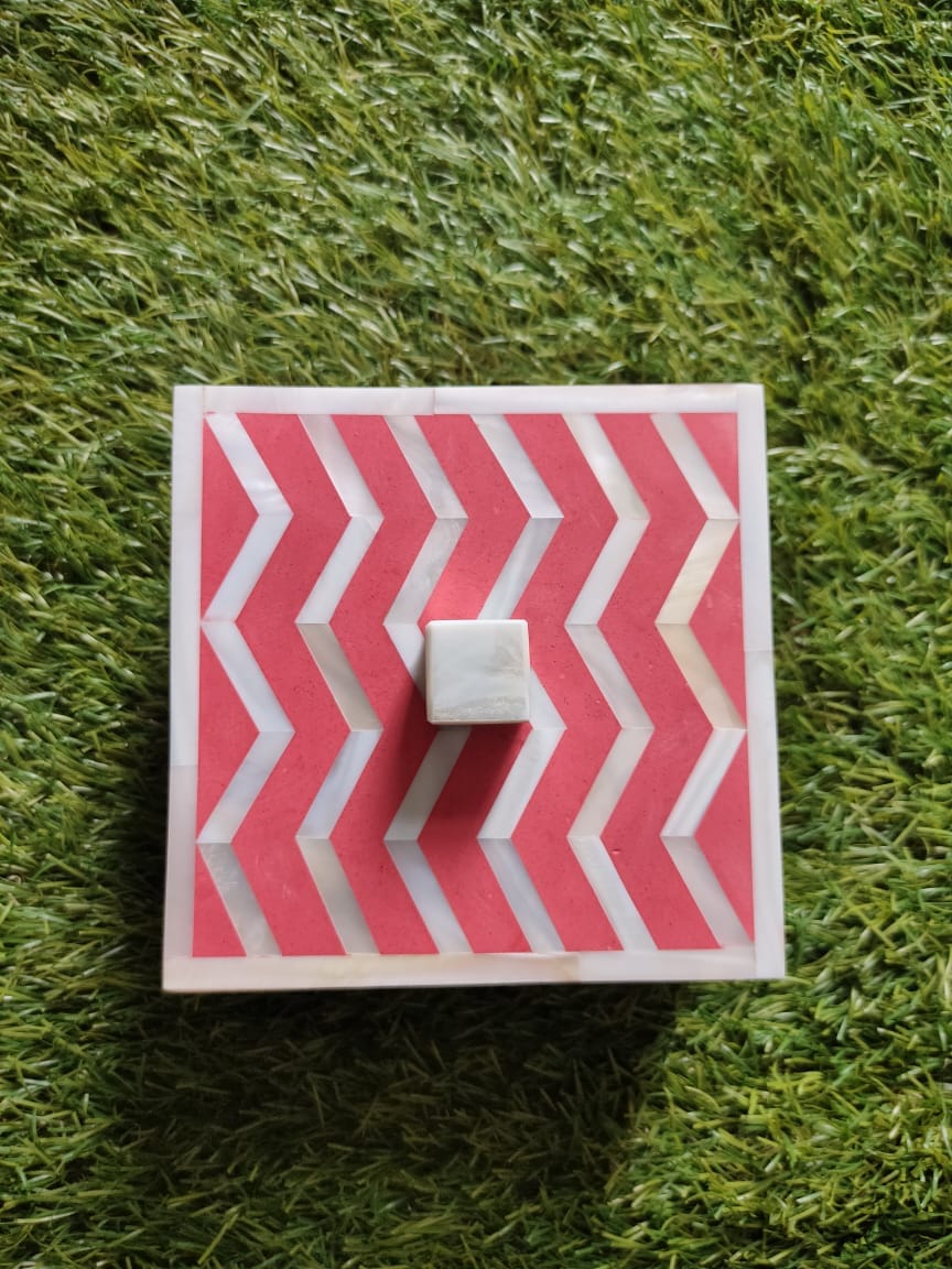 Handmade Mother of Pearl Inlay Pink Colored Chevron Pattern Set of 4 Coasters